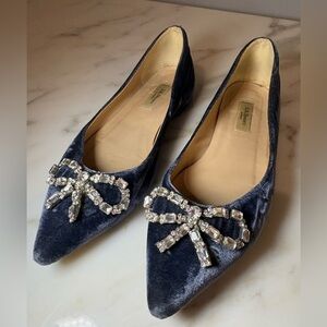 LK Benneth London flats in velvet blue with Swarovski crystals bow.